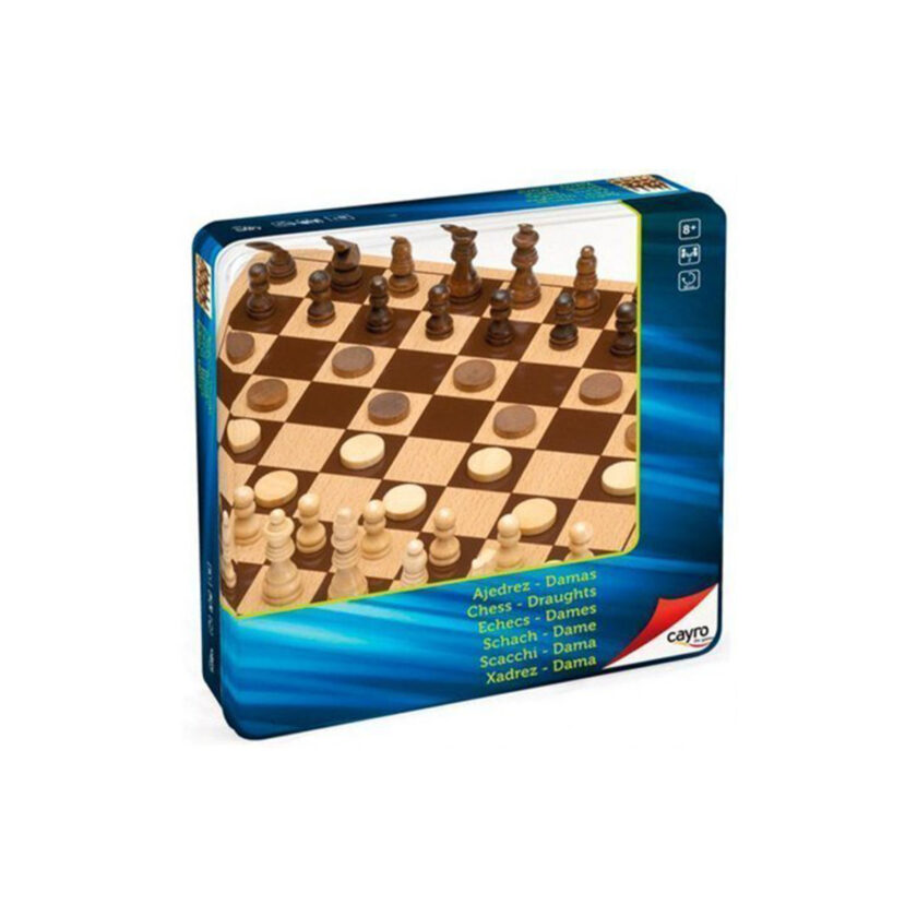 Cayro-Wooden Chess-Checkers In A Metal Box