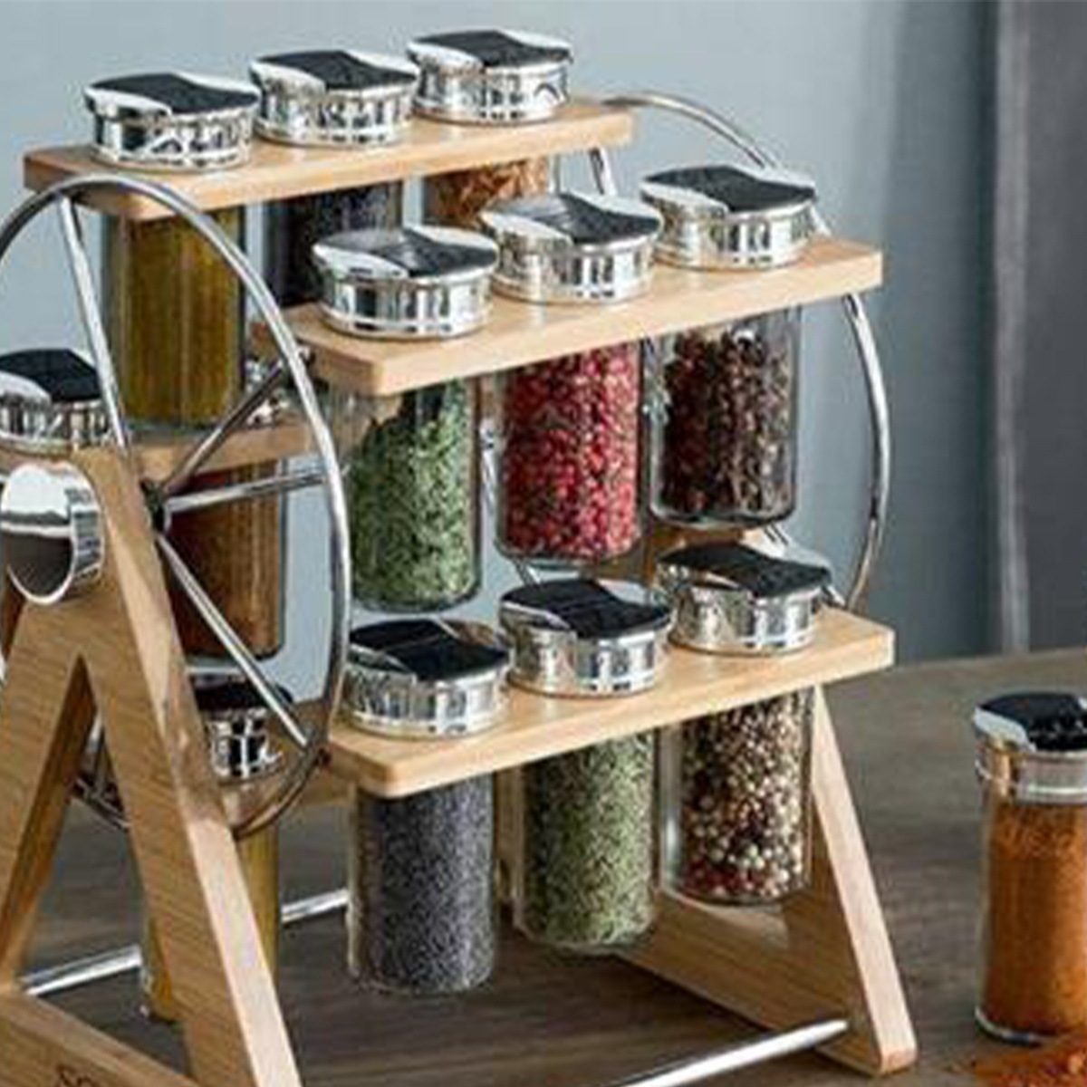 Cole & Mason Premium 16 Jar Filled Herb & Spice Carousel, Stainless Steel & Glass, 25.5cm