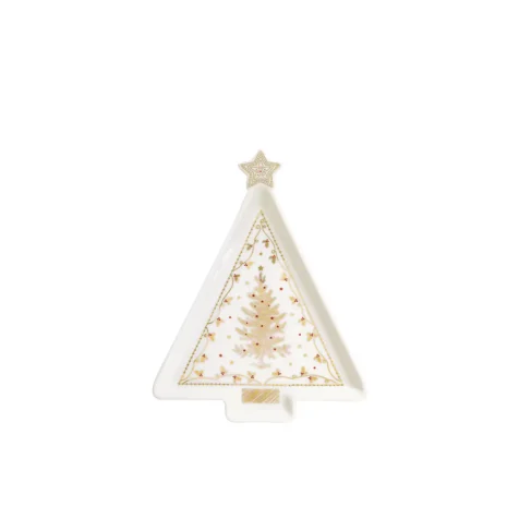 საახალწლო თეფში ნაძვის ხის ფორმის ოქროსფერი ორნამენტებით ფაიფუქრის 21x16 სმ Christmas Lights Easy Life
