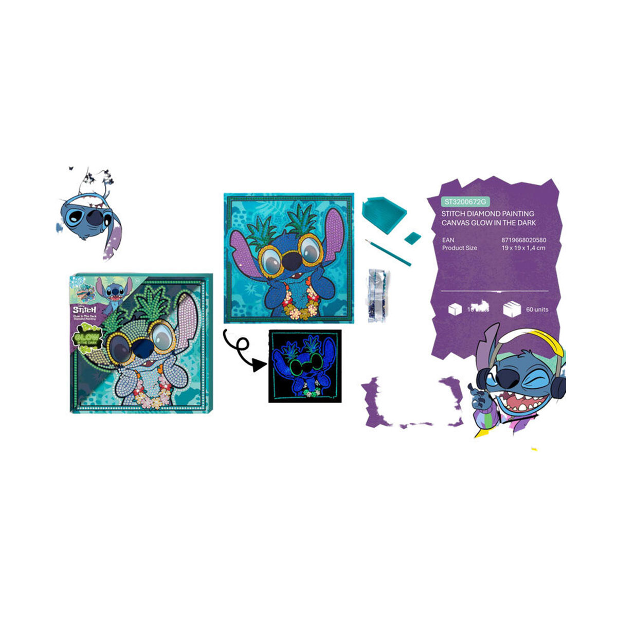 Canenco Disney Stitch Glow-In-The-Dark Diamond Painting 19x19 CM - Image 3