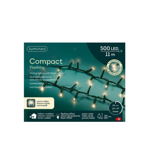 Kaemingk Compact Christmas Lights With 500 Led Bulbs Warm Light, 11 M Green Cable, Flashing And 8 Functions
