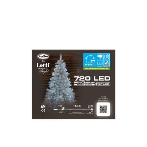საახალწლო განათება 720 Led ნათურით ცივი თეთრი ნათებით 8 ნათების რეჟიმით წამზომის ფუნქციით 14.9 მ გამჭვირვალე სადენით Lotti