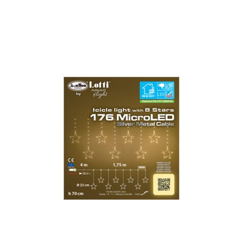 საახალწლო განათება ფარდა 8 ვარსკვლავი 176 MicroLed ნათურით თბილი თეთრი ნათებით 7 ფუნქციით ტაიმერით 1.75x0.7 მ Lotti