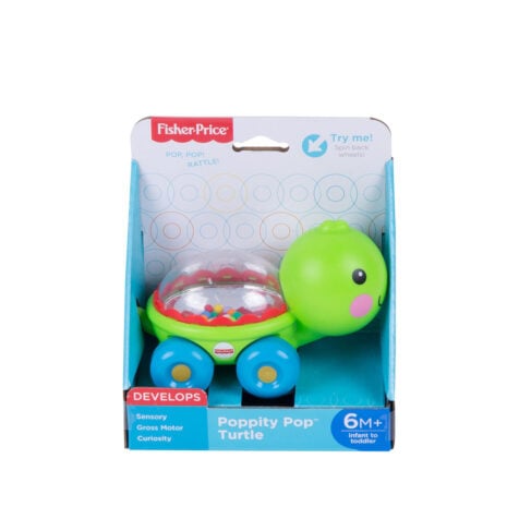 ჩვილის ჩხრიალა სათამაშო ბორბლებით კუ Poppity Pop Fisher-Price